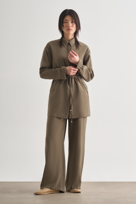 Mizalle Çift Cepli Beli İp Büzgülü Modal Haki Tunik - Mizalle