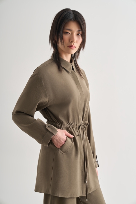 Mizalle Çift Cepli Beli İp Büzgülü Modal Haki Tunik - Mizalle (1)