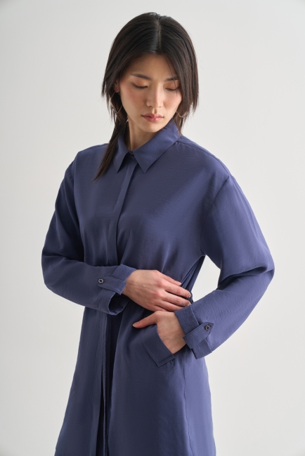 Mizalle Çift Cepli Beli İp Büzgülü Modal İndigo Mavi Tunik - Mizalle (1)