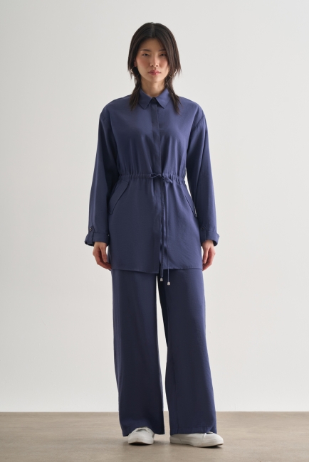 Mizalle Çift Cepli Beli İp Büzgülü Modal İndigo Mavi Tunik - Mizalle