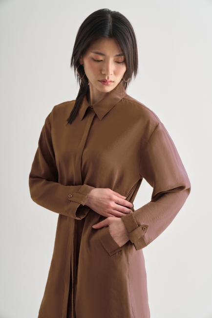 Mizalle Beli İp Büzgülü Modal Karamel Rengi Tunik - Mizalle