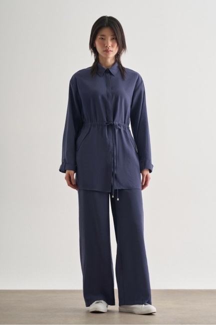 Mizalle Çift Cepli Beli İp Büzgülü Modal Lacivert Tunik - Mizalle