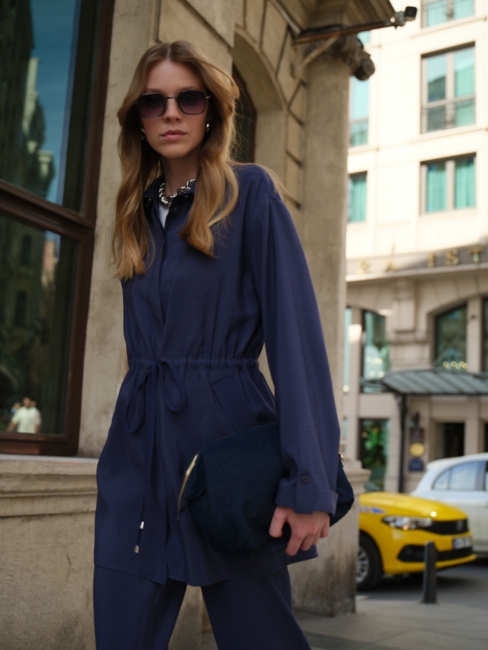 Mizalle Çift Cepli Beli İp Büzgülü Modal Lacivert Tunik - Mizalle (1)