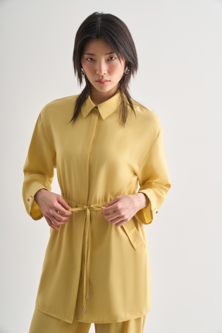 Mizalle Çift Cepli Beli İp Büzgülü Modal Sarı Tunik - Mizalle