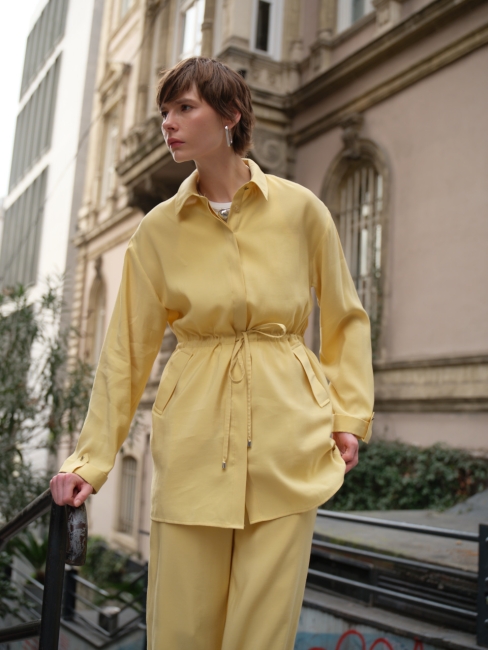 Mizalle Çift Cepli Beli İp Büzgülü Modal Sarı Tunik - Mizalle (1)