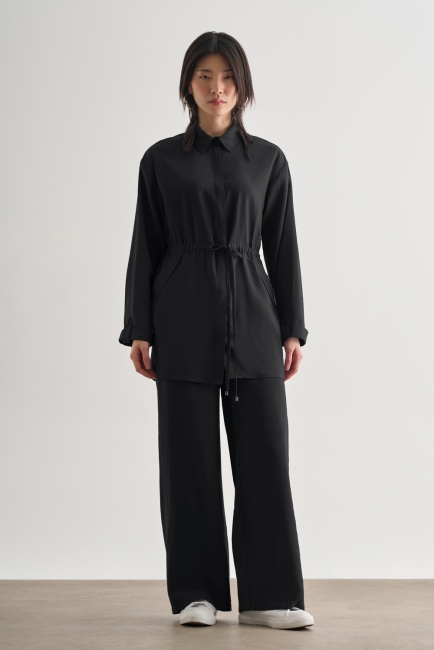 Mizalle Beli İp Büzgülü Modal Siyah Tunik - Mizalle (1)