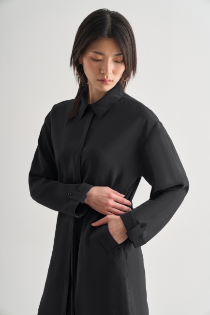 Mizalle Beli İp Büzgülü Modal Siyah Tunik - Mizalle