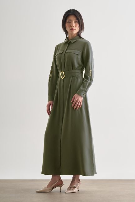 Mizalle Çift Cepli Uzun Kemerli Haki Safari Elbise - Mizalle (1)