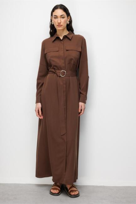 Mizalle Çift Cepli Uzun Kemerli Kahverengi Safari Elbise - Mizalle (1)