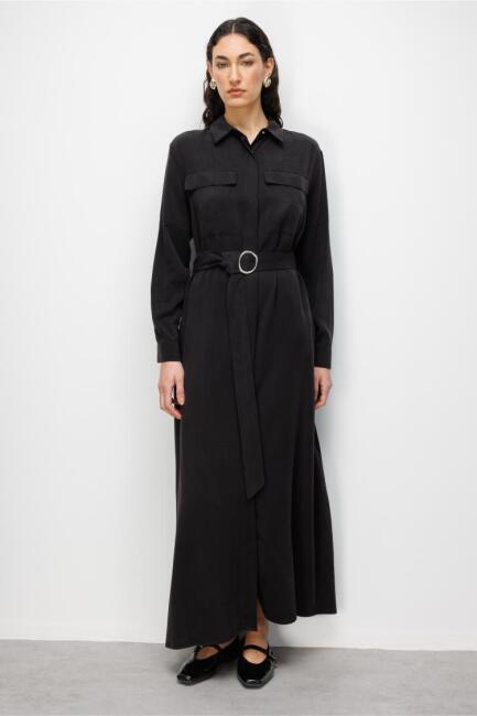 Mizalle Çift Cepli Uzun Kemerli Siyah Safari Elbise - Mizalle (1)