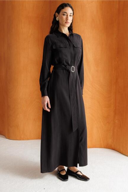 Mizalle Çift Cepli Uzun Kemerli Siyah Safari Elbise - Mizalle