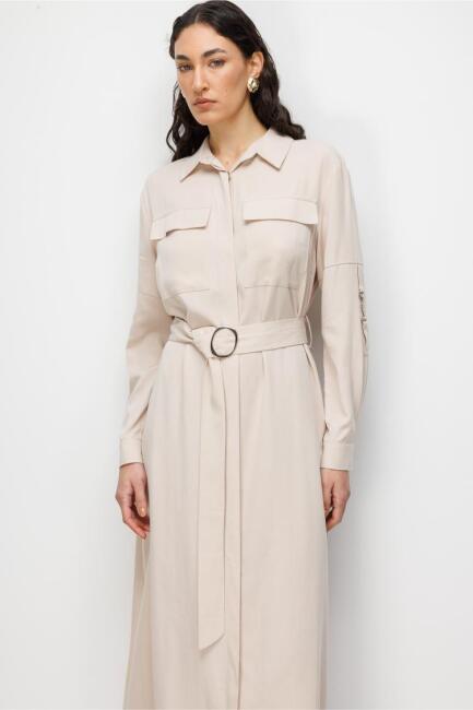 Mizalle Çift Cepli Uzun Kemerli Taş Rengi Safari Elbise - Mizalle (1)