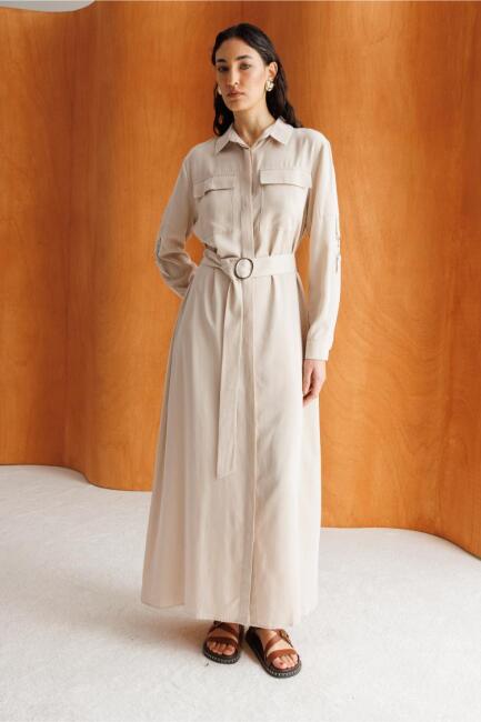 Mizalle Çift Cepli Uzun Kemerli Taş Rengi Safari Elbise - Mizalle