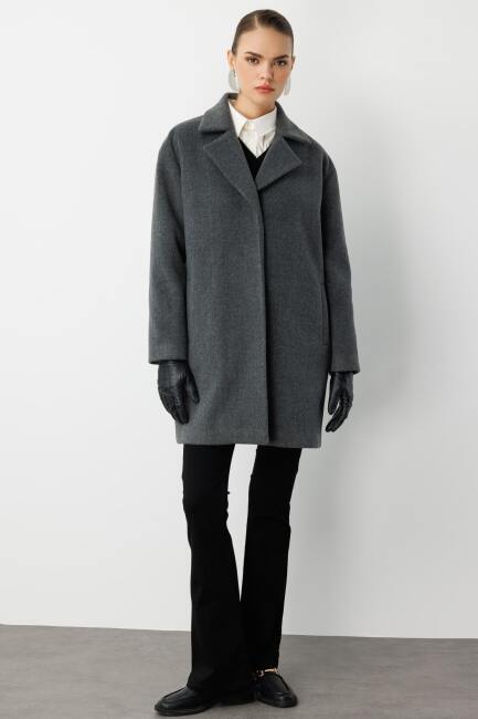 Mizalle Çıt Çıt Kapamalı Gri Yünlü Kısa Kaşe Kaban - Mizalle (1)