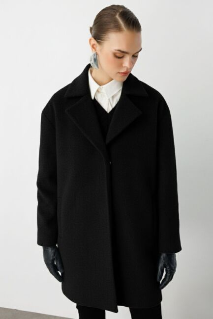 Mizalle Çıt Çıt Kapamalı Siyah Yünlü Kısa Kaşe Kaban - Mizalle (1)