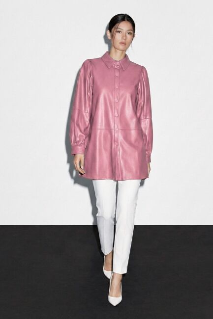 Mizalle Çıt çıtlı Deri Görünümlü Pembe Gömlek - Mizalle (1)