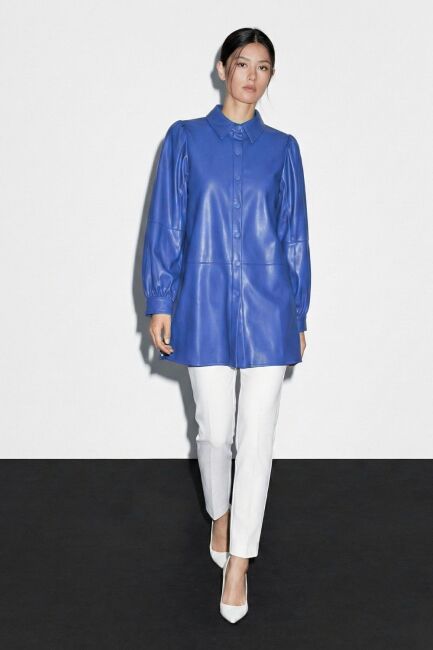 Mizalle Çıt çıtlı Deri Görünümlü Saks Mavisi Gömlek - Mizalle (1)