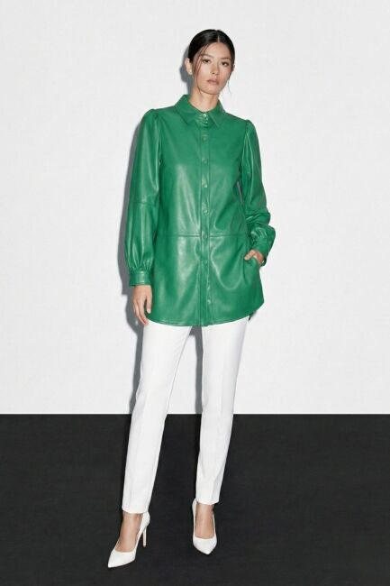 Mizalle Çıt çıtlı Deri Görünümlü Yeşil Gömlek - Mizalle