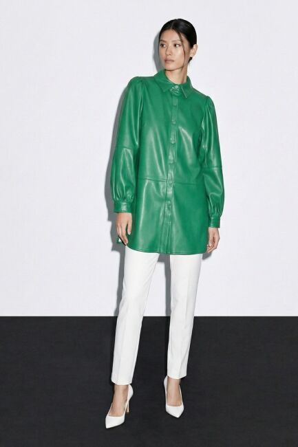 Mizalle Çıt çıtlı Deri Görünümlü Yeşil Gömlek - Mizalle (1)
