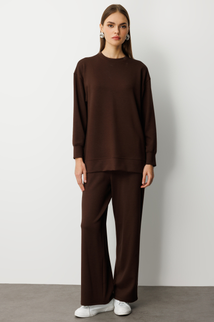 Mizalle Çıtçıtlı Yumuşak Dokulu Kahverengi Spor Tunik - Mizalle (1)