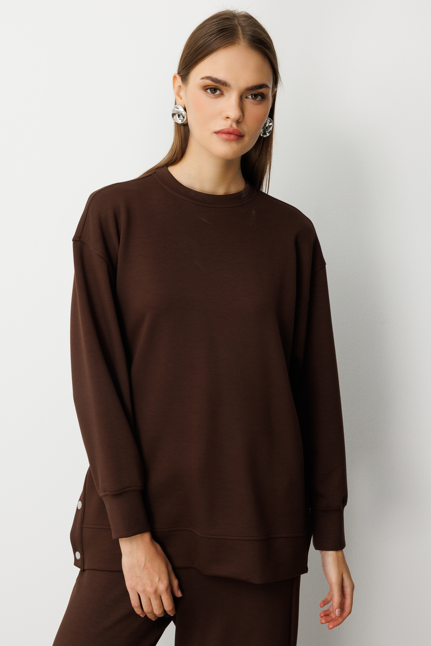 Mizalle Çıtçıtlı Yumuşak Dokulu Kahverengi Spor Tunik