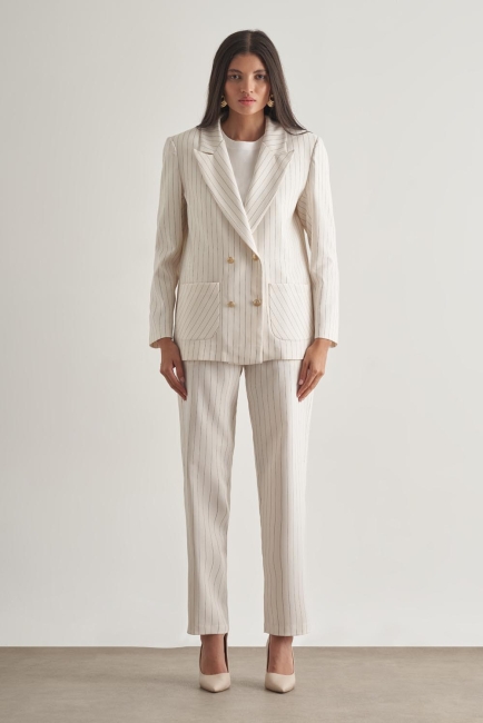 Mizalle Çizgili Ekru İpli Rahat Yazlık Pantolon - Mizalle