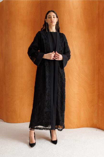 Mizalle Dantel İşlemeli Siyah Abaya - Mizalle