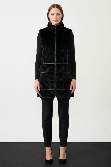 Mizalle Deri Detaylı Yüksek Yaka Uzun Kürk Yelek - Mizalle (1)