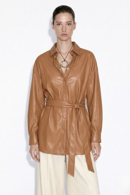 Mizalle Deri görünümlü Kuşaklı Camel Gömlek Tunik - Mizalle