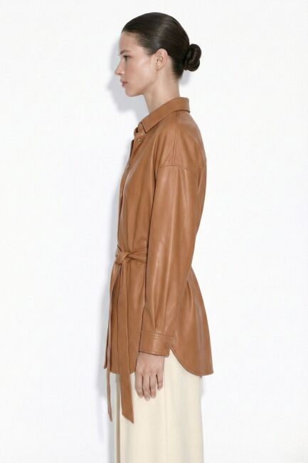 Mizalle Deri görünümlü Kuşaklı Camel Gömlek Tunik - Mizalle (1)