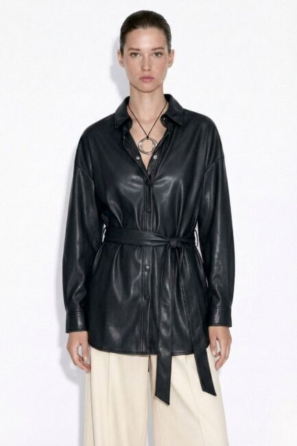 Mizalle Deri görünümlü Kuşaklı Siyah Gömlek Tunik - Mizalle