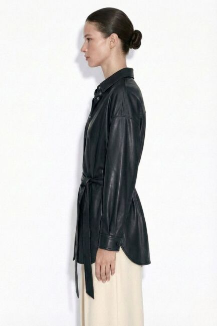 Mizalle Deri görünümlü Kuşaklı Siyah Gömlek Tunik - Mizalle (1)