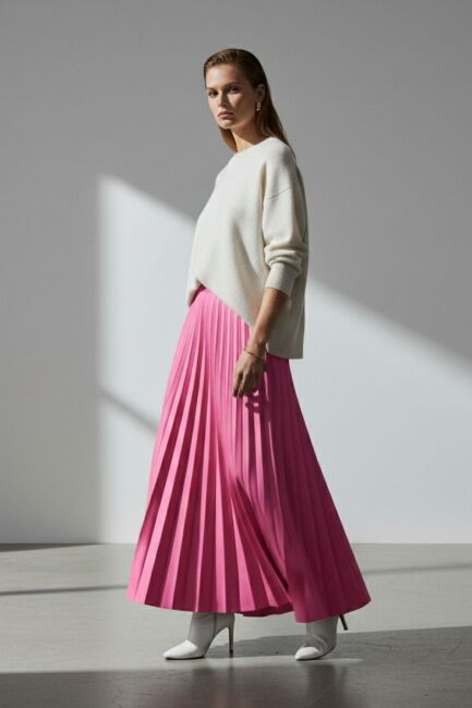 Mizalle Deri Görünümlü Piliseli Pembe Maksi Etek - Mizalle (1)