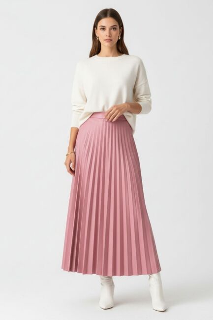 Mizalle Deri Görünümlü Piliseli Pudra Maksi Etek - Mizalle (1)