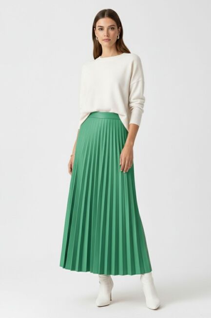 Mizalle Deri Görünümlü Piliseli Yeşil Maksi Etek - Mizalle