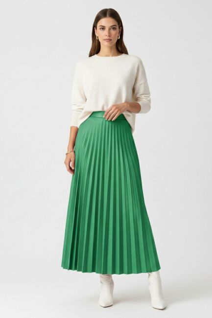 Mizalle Deri Görünümlü Piliseli Yeşil Maksi Etek - Mizalle (1)