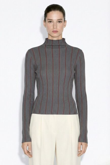 Mizalle Dik Yaka Antrasit Bordo Çizgili Triko Kazak - Mizalle