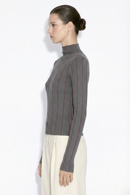 Mizalle Dik Yaka Antrasit Bordo Çizgili Triko Kazak - Mizalle (1)