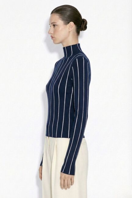 Mizalle Dik Yaka Lacivert Ekru Çizgili Triko Kazak - Mizalle (1)