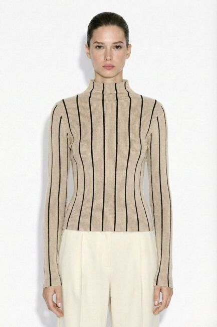 Mizalle Dik Yaka Vizon Siyah Çizgili Triko Kazak - Mizalle