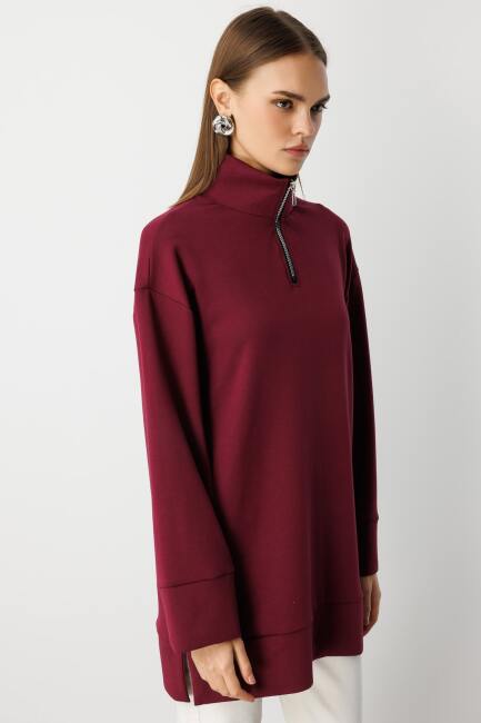Mizalle Dik Yaka Yumuşak Dokulu Bordo Sweatshirt - Mizalle (1)