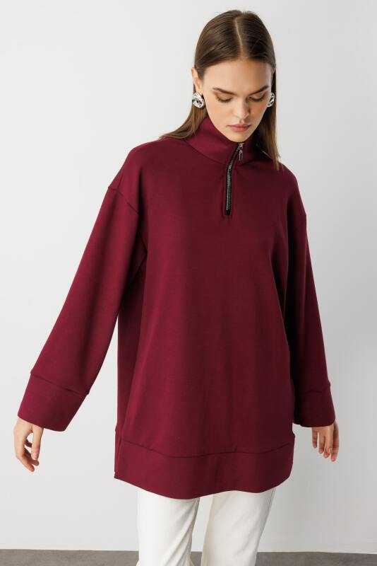 Mizalle  Dik Yaka Yumuşak Dokulu Bordo Sweatshirt · 3