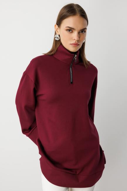 Mizalle Dik Yaka Yarım Fermuarlı Yumuşak Dokulu Bordo Sweatshirt - Mizalle (1)