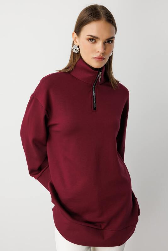 Mizalle  Dik Yaka Yumuşak Dokulu Bordo Sweatshirt · 4
