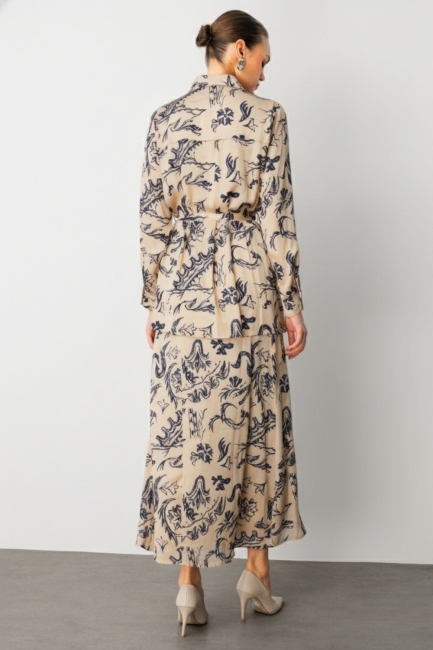 Mizalle Ekru Desenli Evaze Uzun Saten Etek - Mizalle (1)