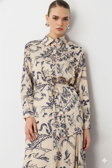 Mizalle Ekru Desenli Kuşaklı Saten Uzun Gömlek Tunik - Mizalle (1)