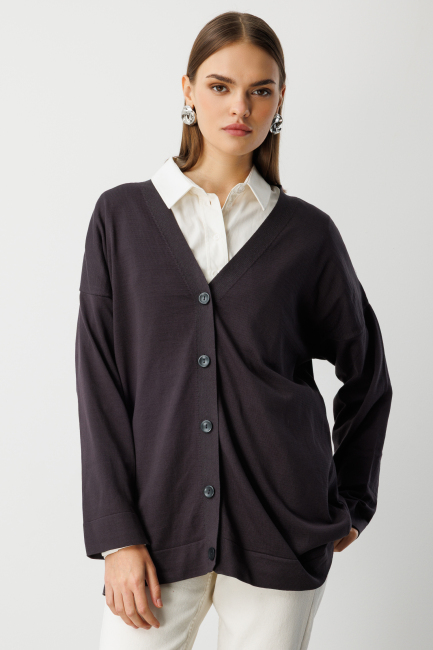 Mizalle Ekstra Oversize Düşük Kol Basic Antrasit İnce Triko Hırka - Mizalle