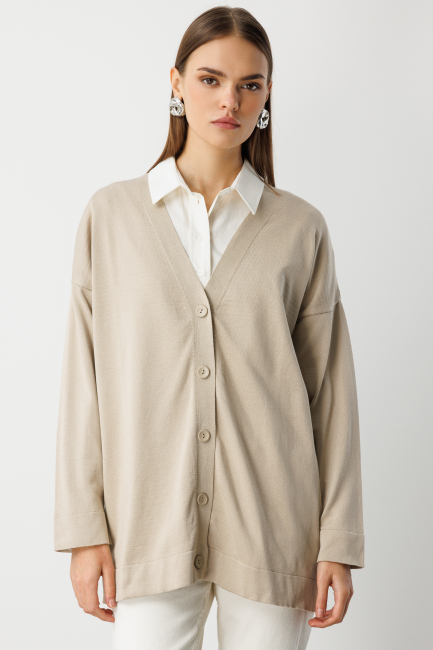 Mizalle Ekstra Oversize Düşük Kol Basic Bej Rengi İnce Triko - Mizalle