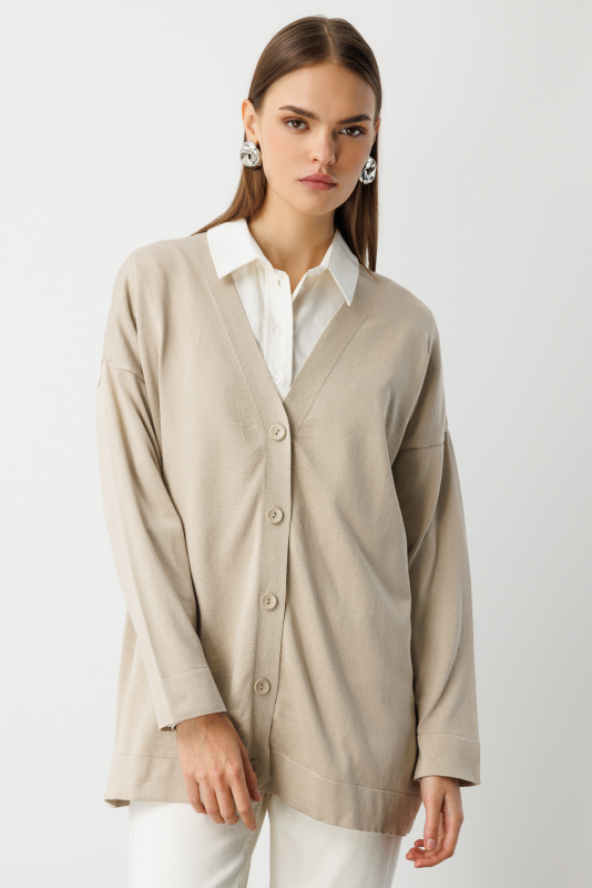 Mizalle Ekstra Oversize Düşük Kol Basic Bej Rengi İnce Triko · 2