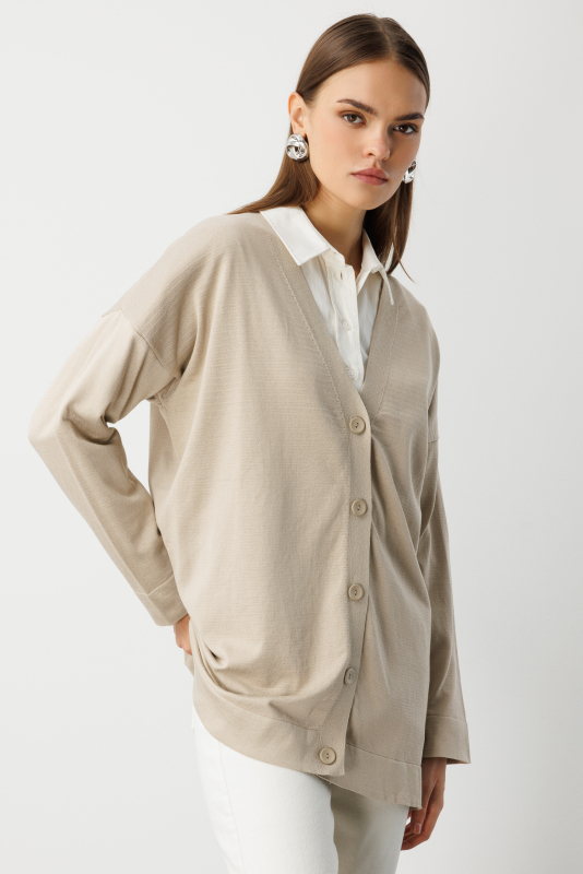 Mizalle Ekstra Oversize Düşük Kol Basic Bej Rengi İnce Triko · 3